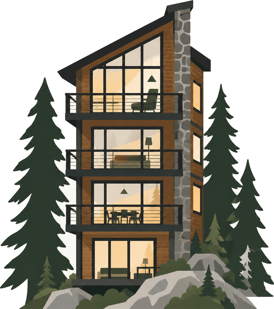 Illustration of a four-story mountain cabin tucked among pine trees