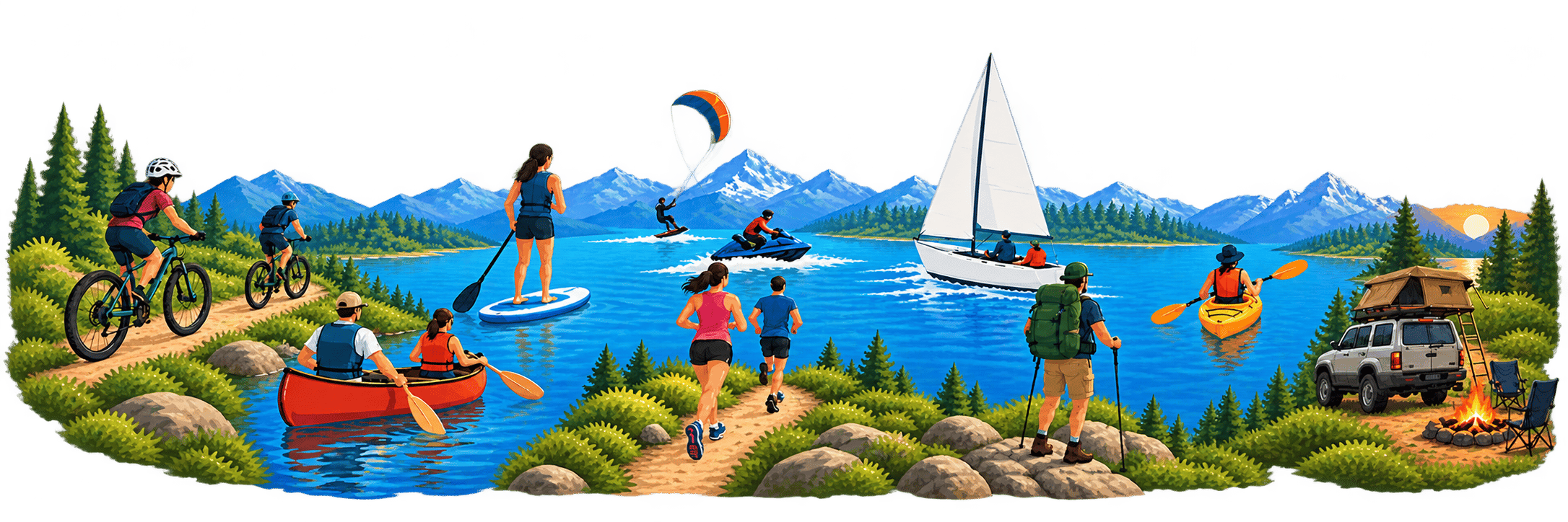 Illustrated lakeside scene with cyclists, paddleboarders, a sailboat, kayaker, canoe, trail runners, a hiker, and an overland camp, each marked with a numbered pin